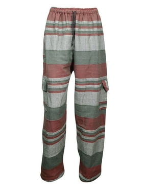 Mogul Hand-loom Cotton Green Orange Yogini Pant Striped Side Pocket Loose Comfy Yoga Lounge Pants