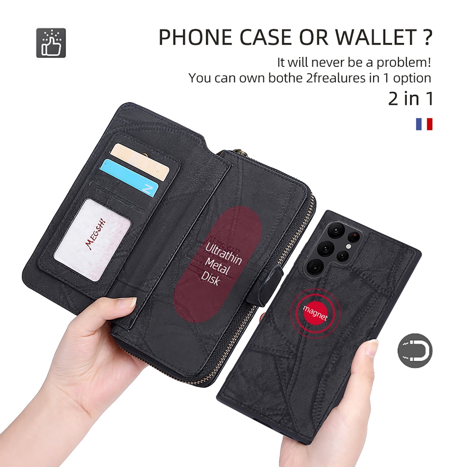 For Samsung Galaxy S25 Ultra Wallet Case with RFID Blocking Credit Card Holder, Detachable Wallet Phone Case Magnetic Closure Flip Kickstand PU Leather Flip Lanyard Strap Wristlet Zipper Purse,Black