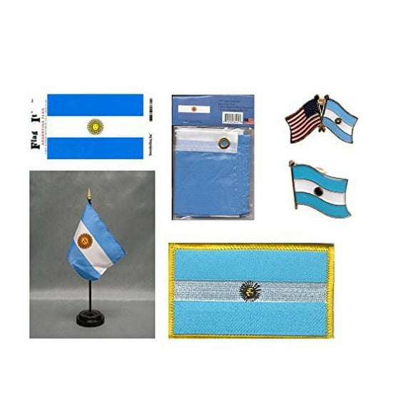 Argentina Heritage Flag Pack - Includes a Argentine 3x5' Flag, Vinyl Flag Decal, One Single & One Double Friendship Flag Lapel Pin, Miniature Desk Flag with Stand & One Iron-On Flag Patch