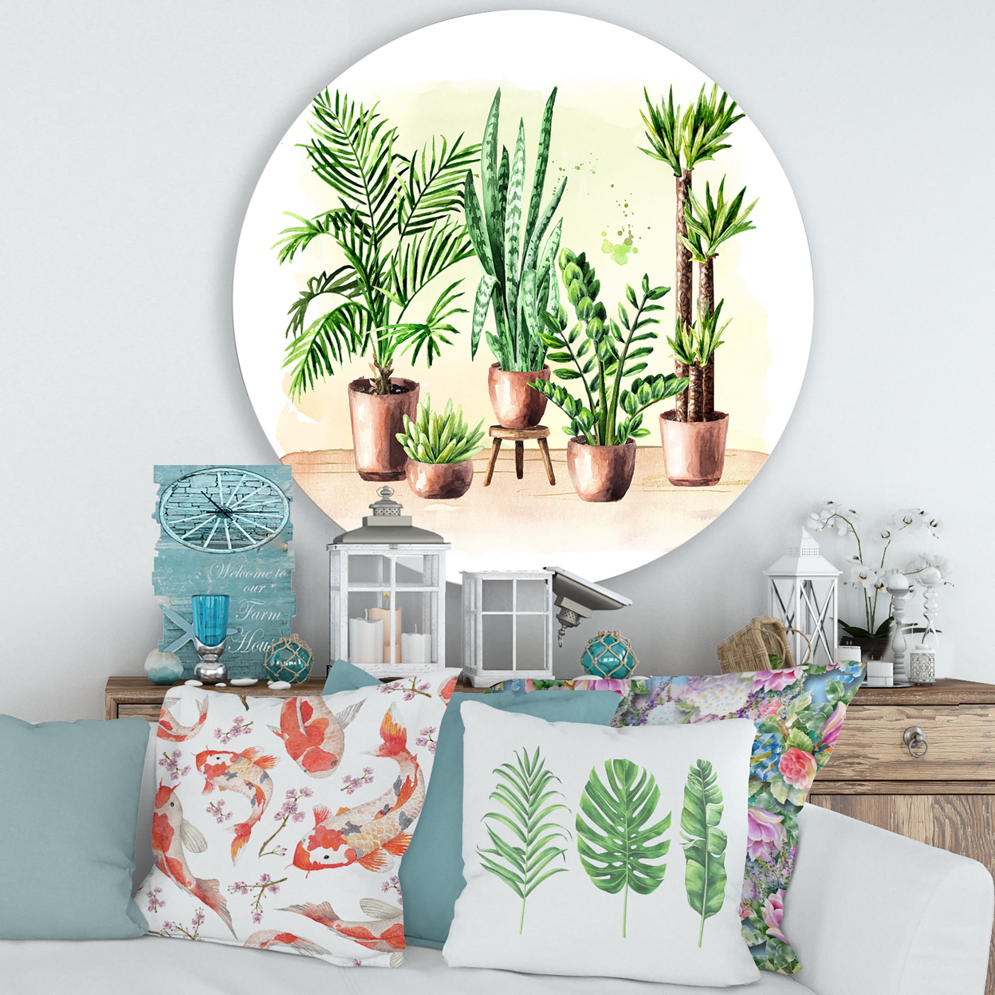 Designart 'Indoor Green Home House Plants in Pots I' Traditional Circle Metal Wall Art 29x29 - Disc of 29