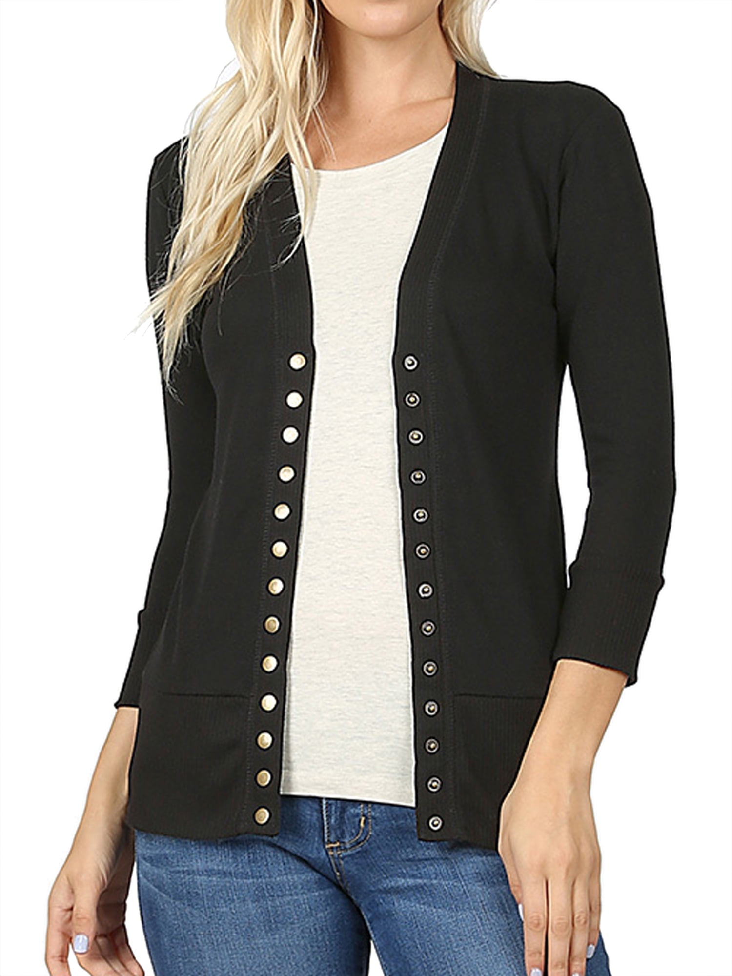 Zenana Women u0026 Plus Front V-Neck Classic Thin Snap Button Down 3/4 Sleeve  Ribbed Knit Cardigan - Walmart.com