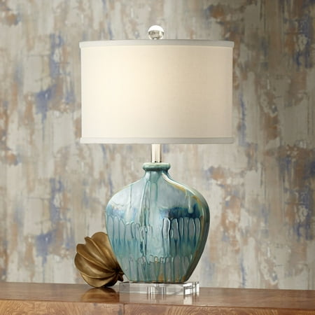 Blue Glaze Ceramic Table Lamp - possini euro design coastal table lamp blue drip ceramic off white oval shade for living room family bedroom bedside nightstand