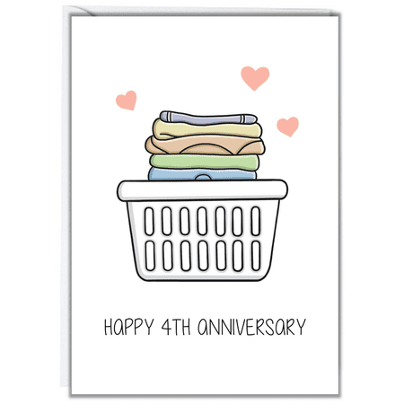 Happy 4th Anniversary Card with Laundry Basket Design – Perfect for Couples – Blank Inside Envelope Included – Celebratory Greeting for a Special Milestone