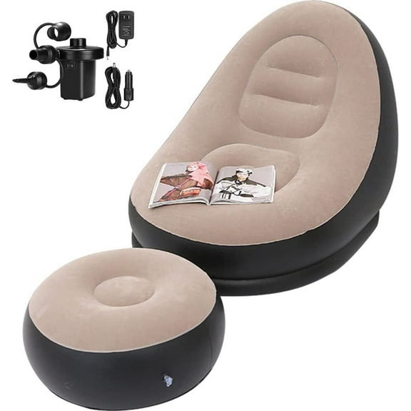 KAERMU Inflatable Recliner Adult Portable Collection Flocking PVC Footstool, Beige