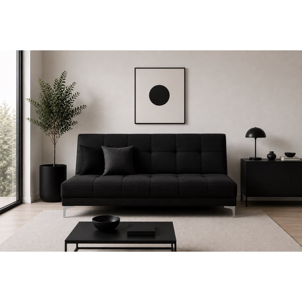 Sofa Cama Reclinable El Bazar Store Karla Negro Lino Futon 3 posiciones Abotonado Sala