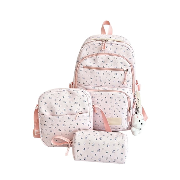 Women's Polka Dot Laptop Backpack 3 Piece Set, Vintage Pink Nylon School Bag with Lunch Tote & Pencil Case, Water Resistant 15.6 Inch Computer Daypack for College Students Teens Travel