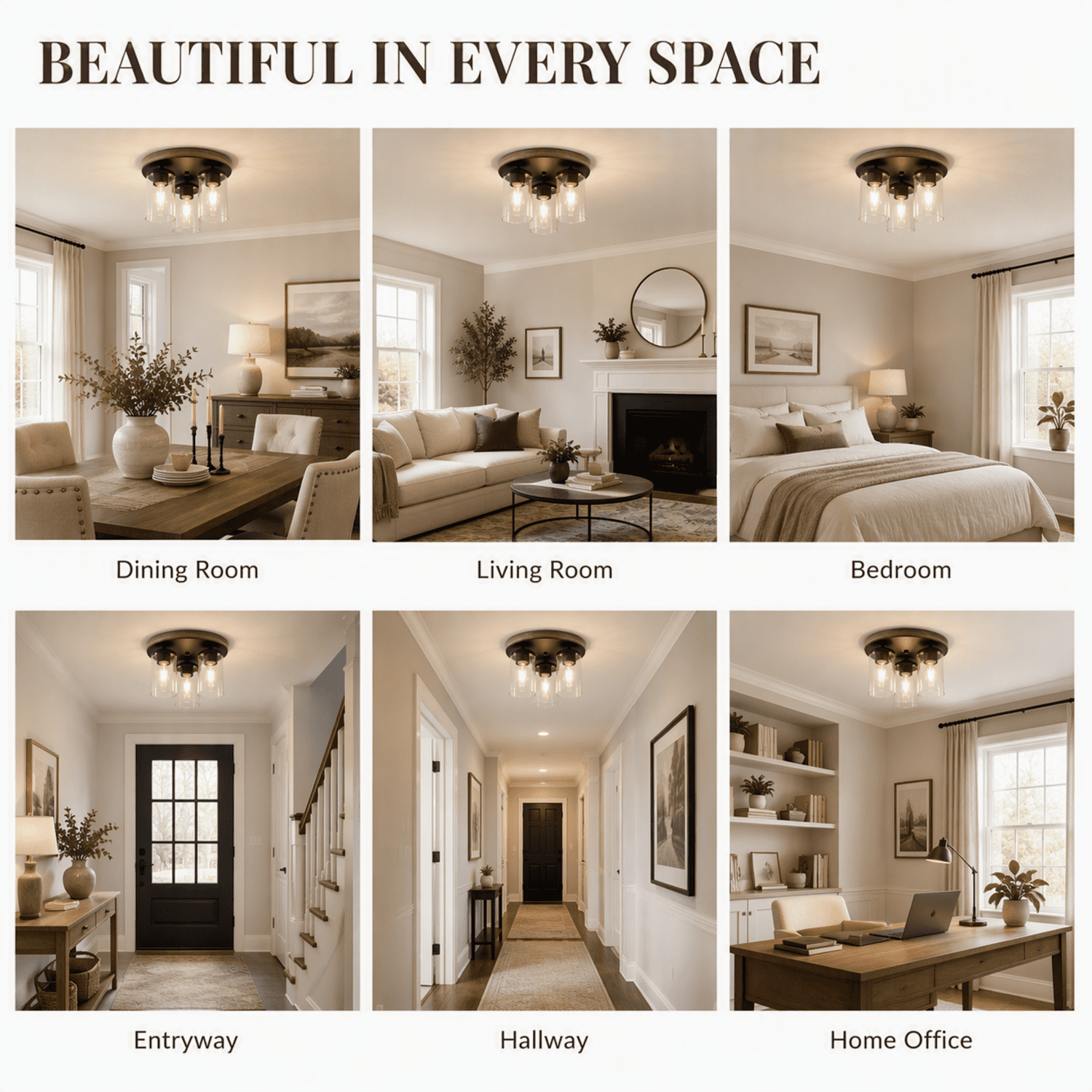 Better Homes & Gardens 12 in. Farmhouse 3-Light Walnut Flush Mount Ceiling Light with Clear Glass Shades
