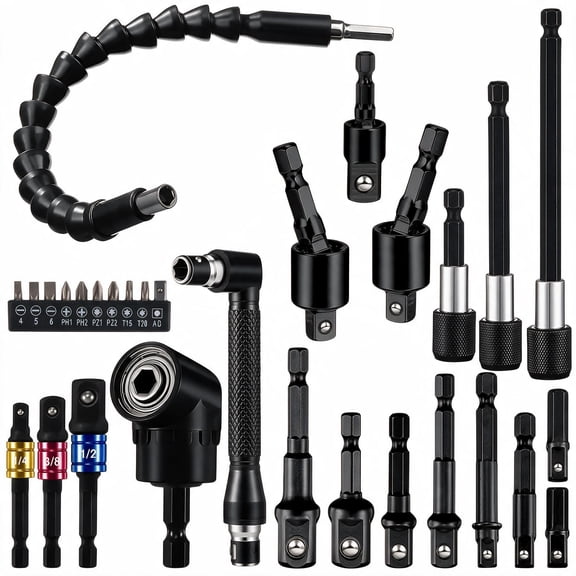 32pcs Flexible Drill Bit Extension Set, Rotatable Joint Socket 1/4 3/8 1/2 Inch Hex Socket Adapter, 105°Right Angle Drill Attachmen, Bendable Screwdriver Kit with a Box (Black)