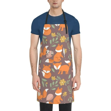 

Tebeau Cute Little Fox Print Waterproof Cooking Aprons Adjustable Bib Soft Chef Apron with 2 Pockets for Men Women