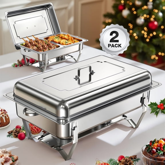 WARMOUNTS Rectangular Chafing Dishes for Buffet with Upgraded Multi-Size Food Pans (9QT, 2Pack), Large Chafing Dish Set w/Foldable Frame for Parties, Rolled Rim