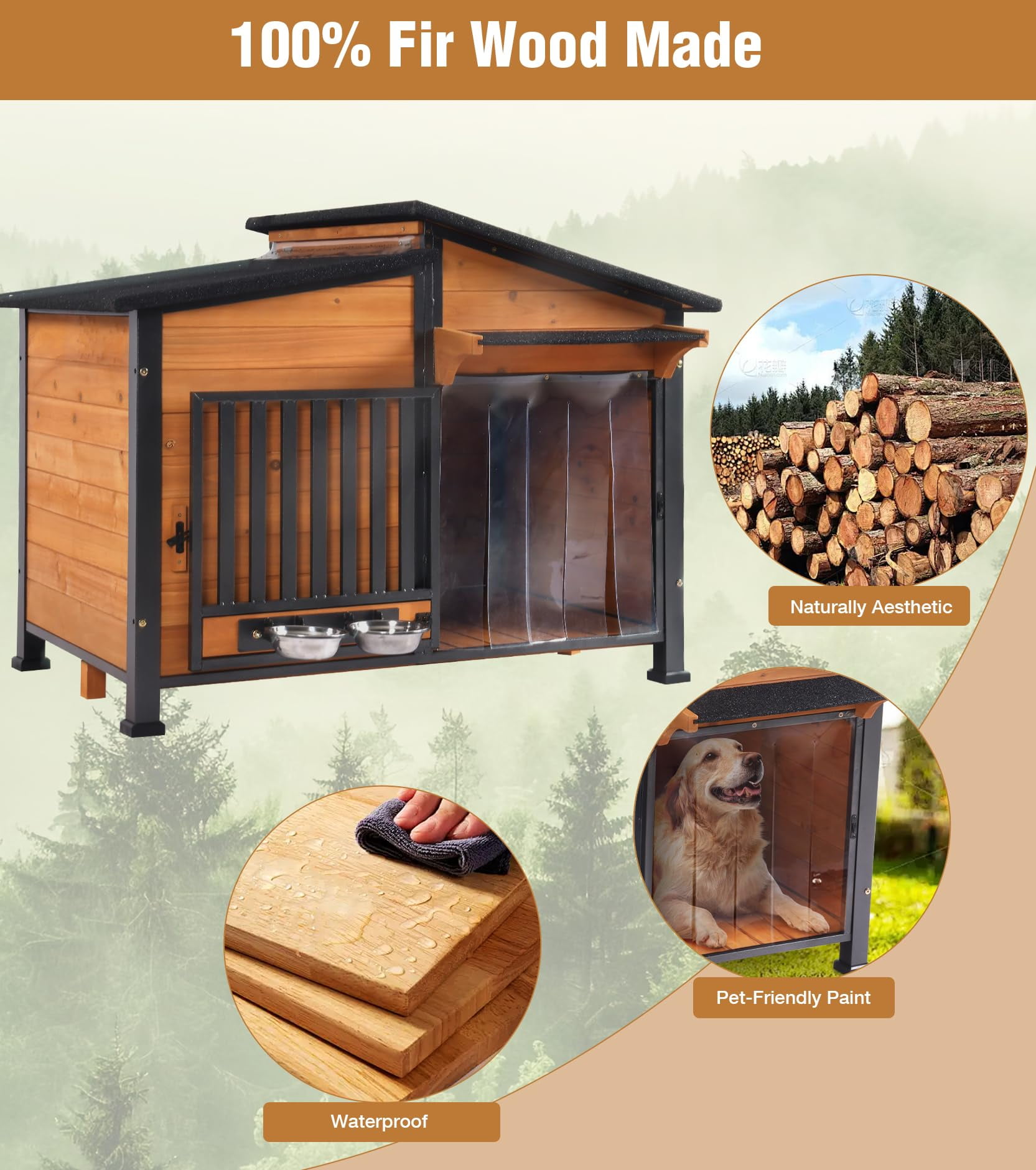 MEDEHOO Heated Dog House Outdoor with Electric Heating Pad, Insulated Wooden Dog Kennel with 360° Rotating Feeding Bowl, Anti-Chewing Metal Frame, Natural Wood Color