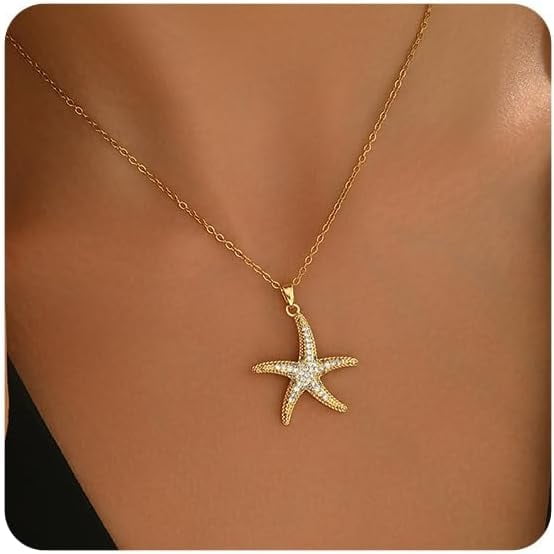 Collier Pendentif Étoile de Mer Lune Plaqué Or NONAMOIS 18K pour Femmes Collier Ras du Cou Opale Blanche Ronde Collier Perle Fer à Cheval Porte-Bonheur en Acier Inoxydable