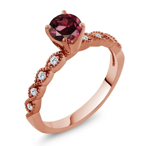 Gem Stone King 18K Rose Gold Plated Silver Ring Round Red Rhodolite Garnet and Moissanite (1.12 Cttw, Size 8)