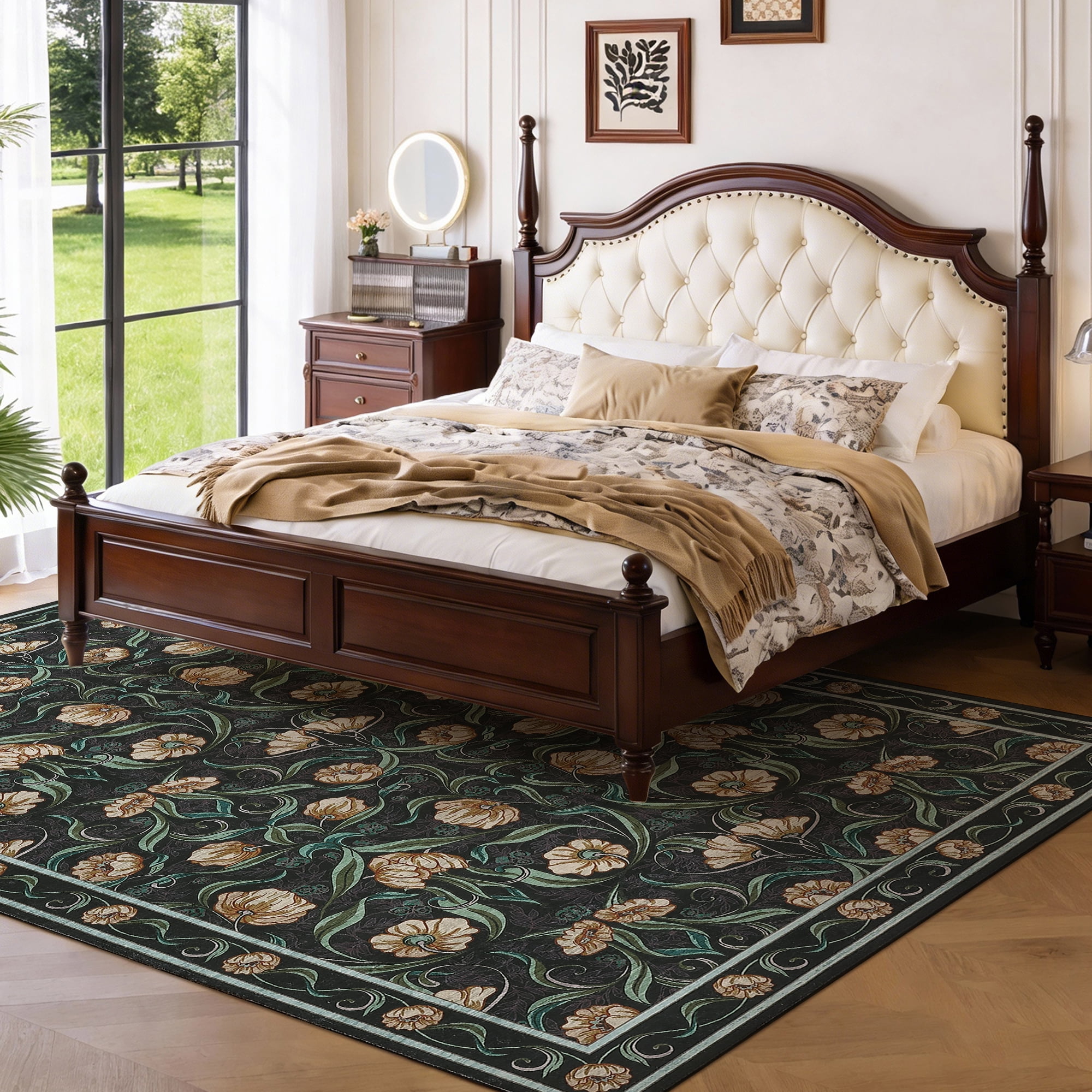 Memoryfield Modern Floral Area Rug 8' x 10', Washable Floor Cover, Soft Low-Pile Non-Slip Carpet, for Living Room Bedroom Dining Room, Black