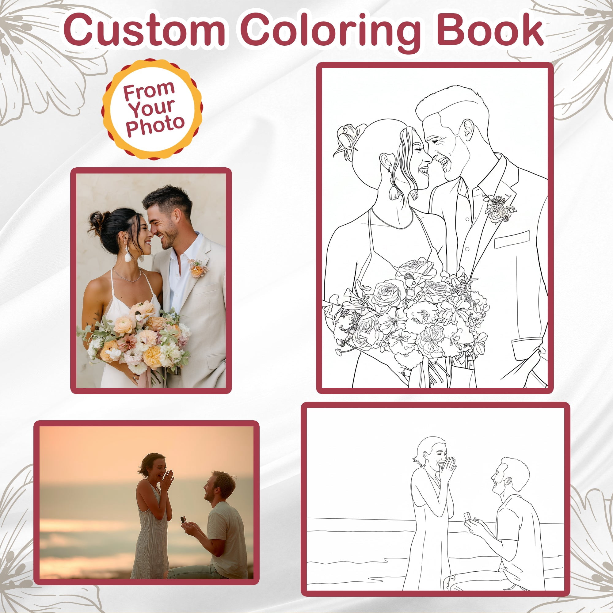Personalized Wedding Memory Coloring Book for Adults – Custom Coloring Pages from Your Wedding Photos , 12–48 Pages, Memory Keepsake Gift, Premium Wooden Cover, Spiral Binding