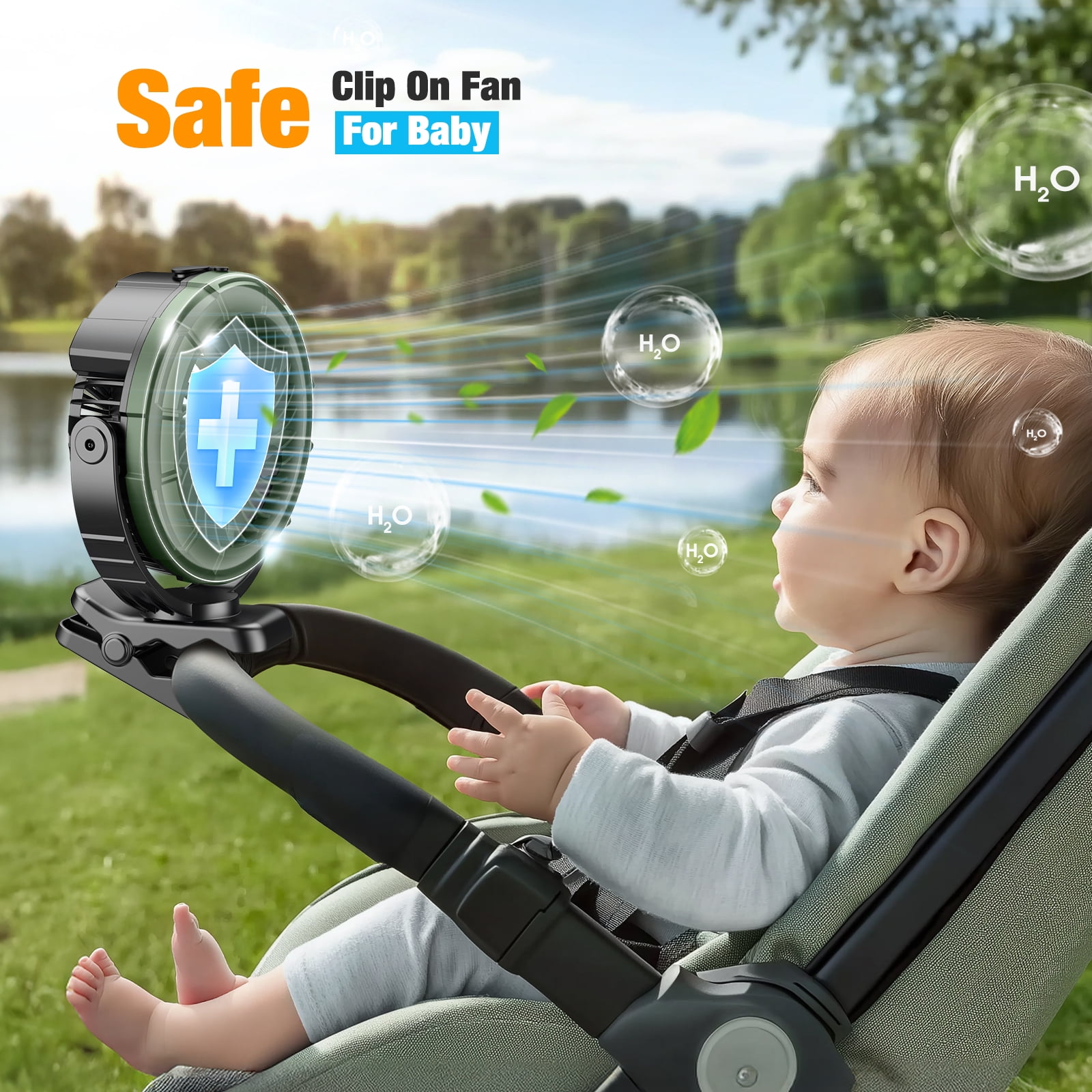 JINLICTE Portable Misting Clip on Fan with 5200mAh Battery, 3 Speeds & LED Light - 360° Rotation Mist Cooling Fan for Stroller, Camping, Outdoor Use - Rechargeable, Adjustable Hook Design