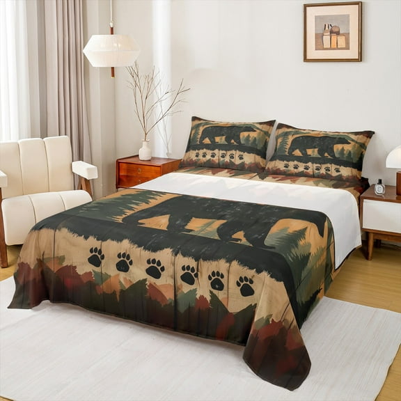 Manfei Jungle Animal Bear Twin Sheet Sets,Kawaii Bear Paws Twin Fitted Sheet,Retro Graffiti Flat Sheet For Kids Teens,Luxury Bedroom Decor,3pcs