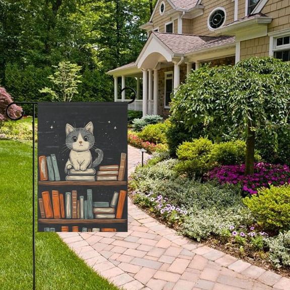 Cat in Bookshelf Garden Flag Double Sided 12 x 18 Inch Outside Yard Decoration Outdoor Flag