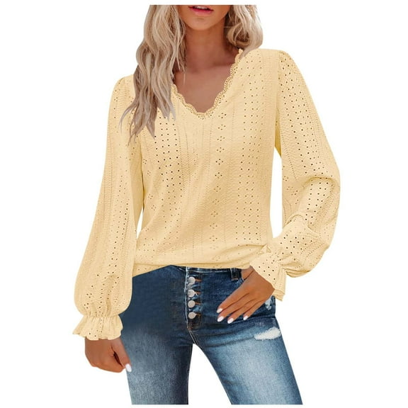 XFLWAM Women's Long Sleeve T Shirt Lace Hollow Casual V Neck Tops Blouse Khaki M