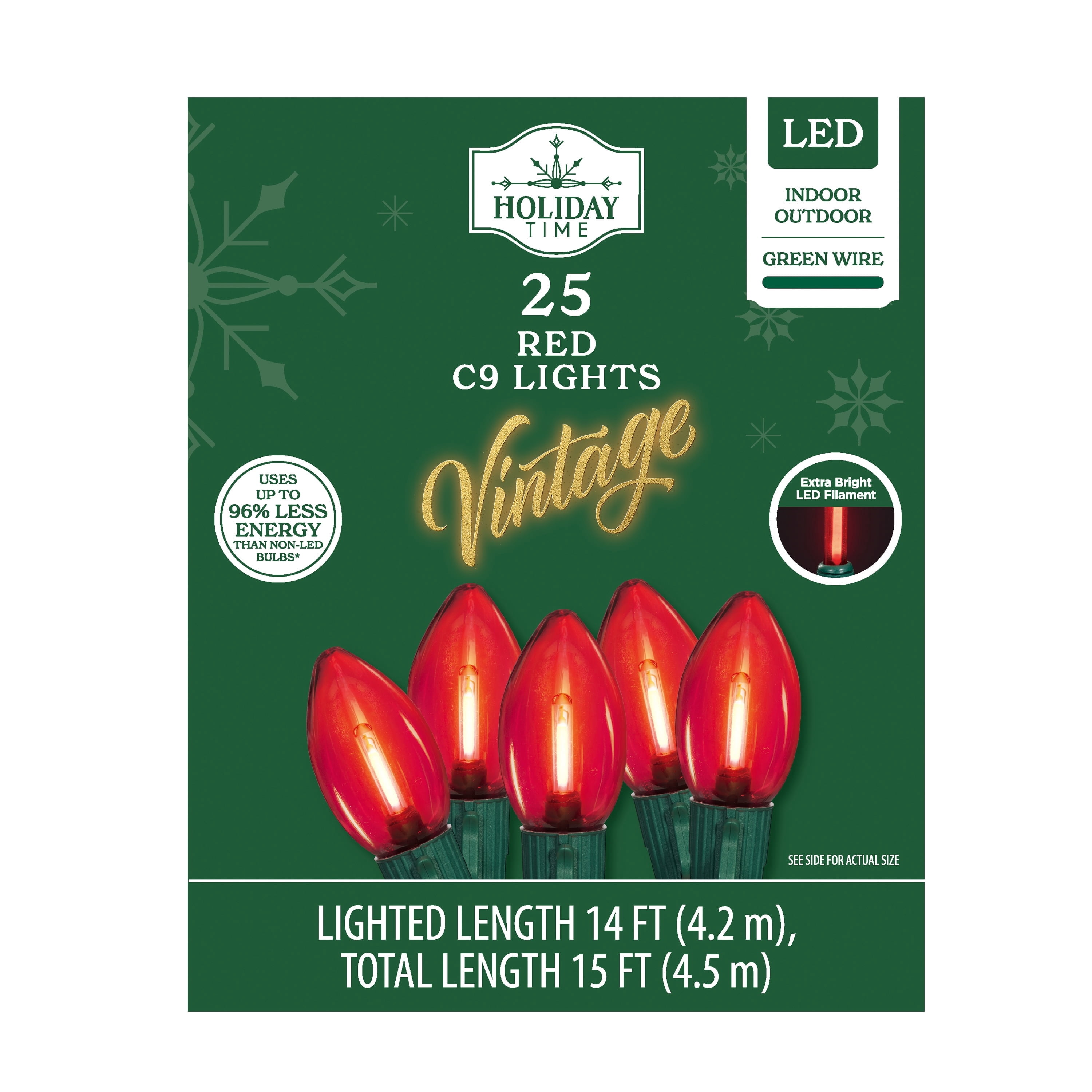 Indoor/Outdoor 25-Count LED Extra Bright Vintage-Style C9 Christmas String Lights, Red, Green Wire, 14', by Holiday Time
