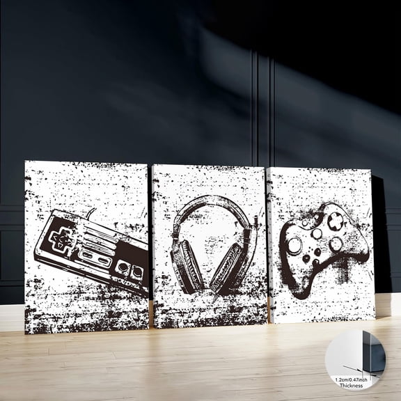 2D Flat, Set of 3 Framed Vintage Gaming Wall Art, Canvas Print of Headphones, Grunge Style Poster, Artwork Featuring Gaming Controllers, Retro Wall Decoration, Monochrome Design