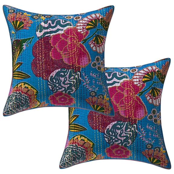 Stylo Culture Ethnic Settee Sofa Throw Pillow Covers 18x18 Kantha Turquoise Printed 45 x 45 cm Home Decor Cotton Tropicana Square Cushion Covers | Set Of 2