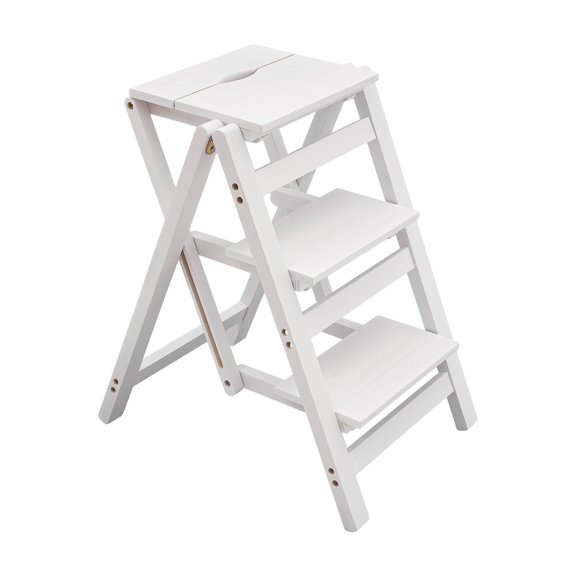 3-Step White Pinewood Folding Step Stool Chair Ladder Load 220 lbs
