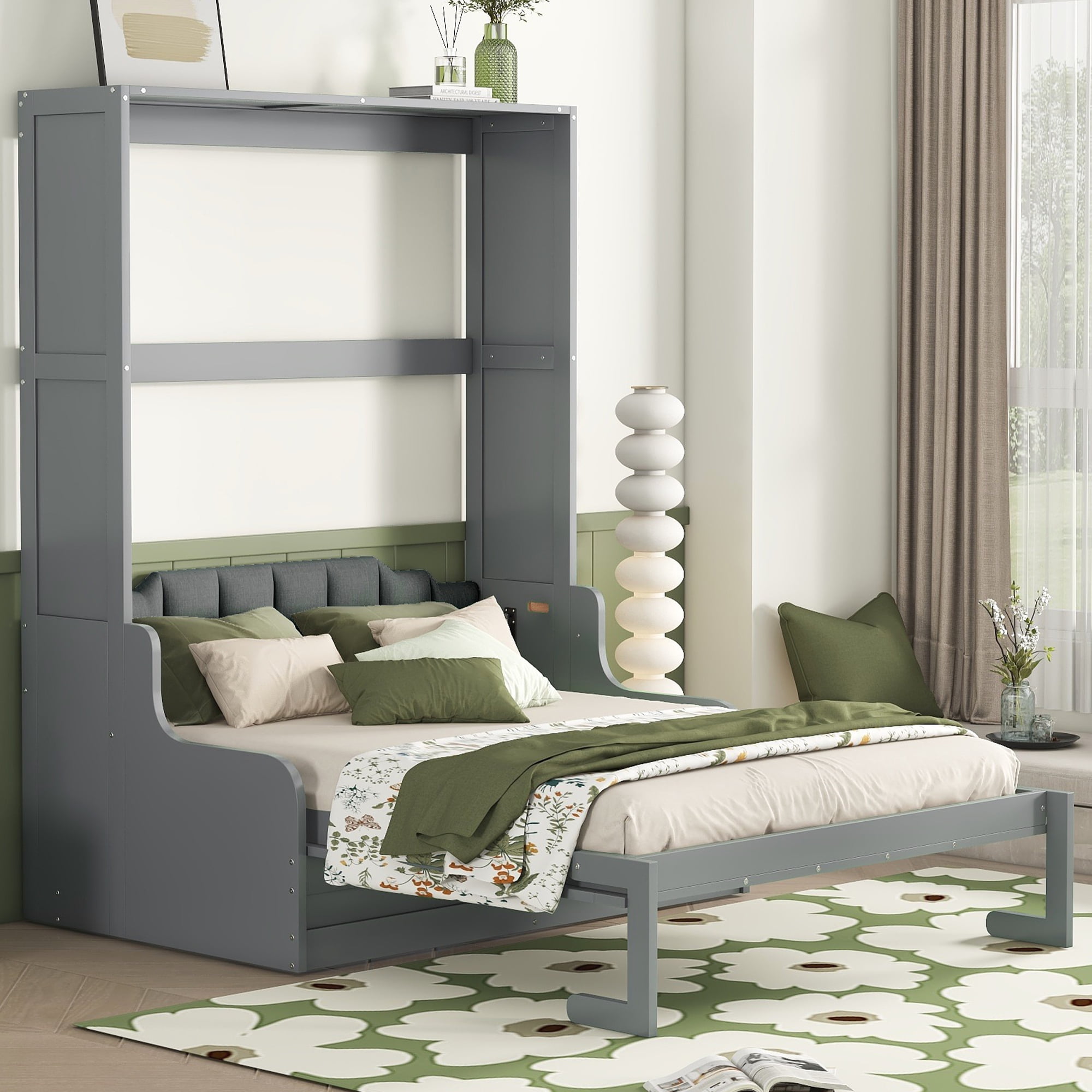 Mintazer Queen Size Murphy Bed with Sofa, Modern Foldable Wall Bed with Cushions for Bedroom Apartment Guest Room, Gray