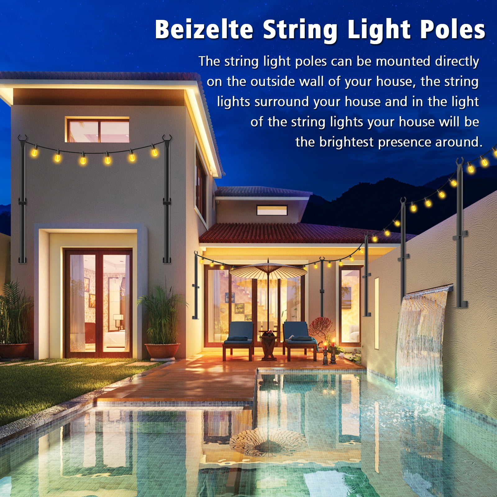 4 Pack String Light Poles,5Ft Metal Poles for Outdoor String Lights,Outdoor Light Poles with Post,Poles/Stand for Outside,Patio,Deck,Backyard,Garden Wedding,Party