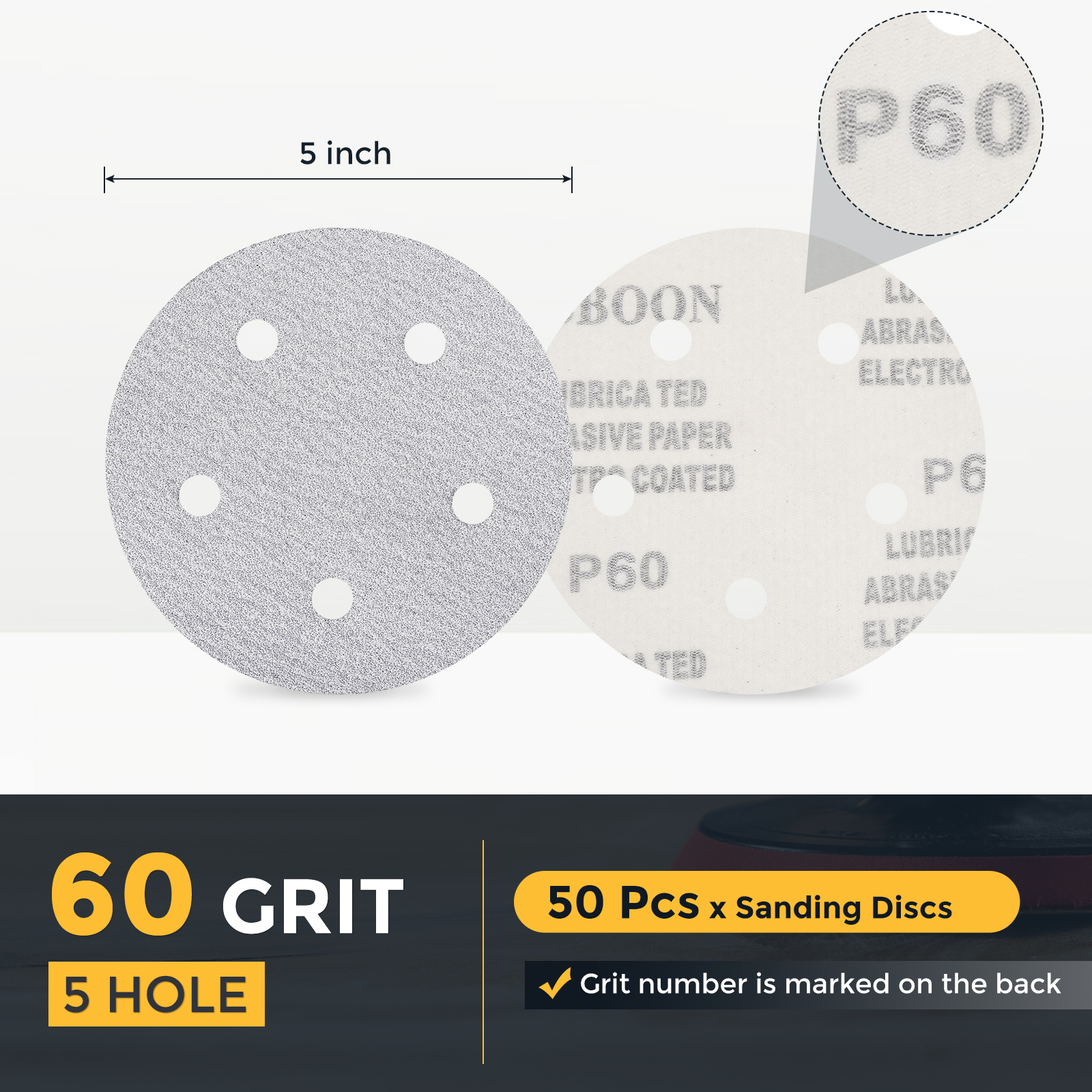 50 Pcs 5 Inch Sanding Disc 5 Hole 60 Grit Hook and Loop Sandpaper Random Orbital Sander Pads for Woodworking Automotive Metal Polishing, White