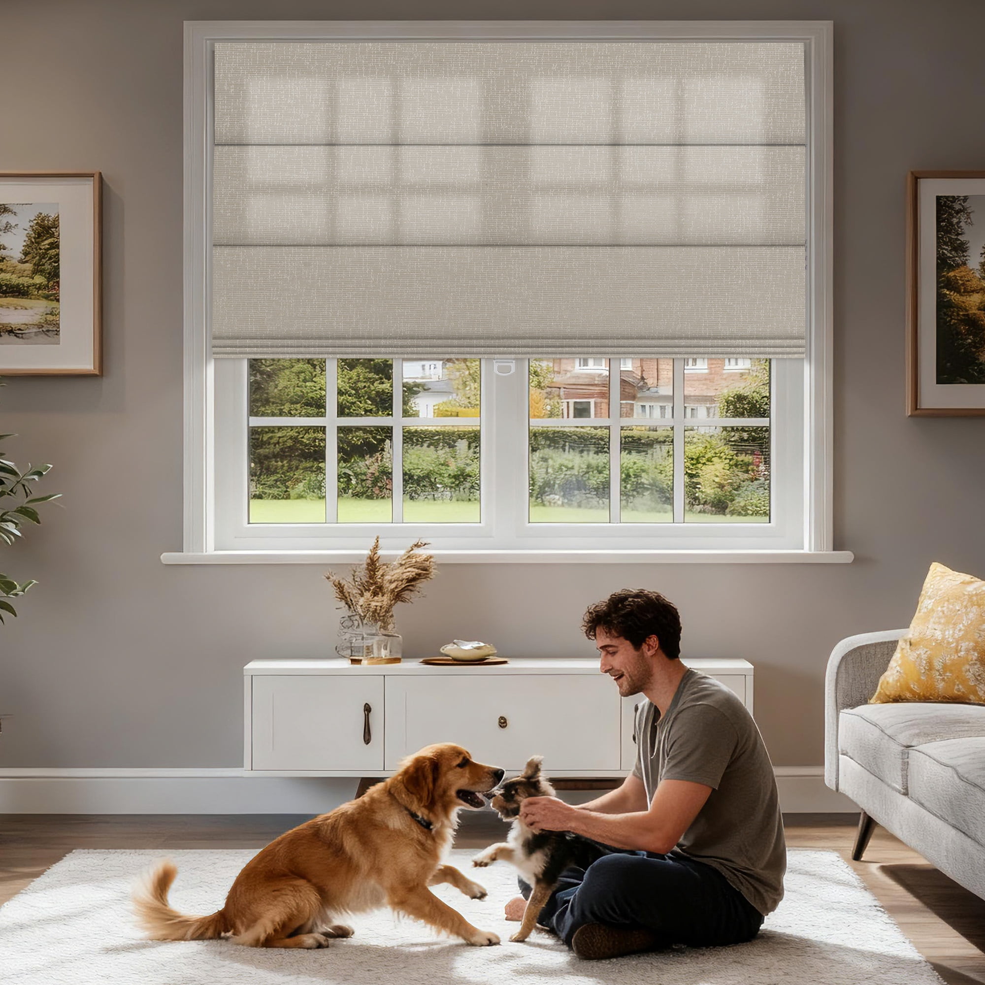 BERISSA No Drill No Tools Blackout Roman Shades for Indoor Windows Cordless, Tension Roman Blinds,Pull Down Window Shades for Home Office Easy to Install,70% Blackout Beige, ,34"W X 72"H