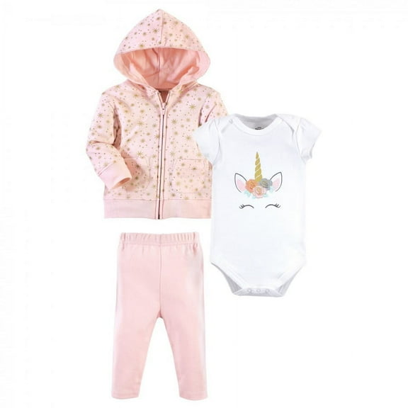 Little Treasure Baby and Toddler Girl Hoodie, Bodysuit or Tee Top, and Pant Set, Unicorn Baby, 0-3 Months