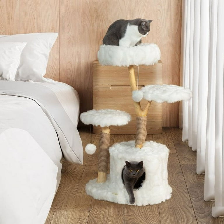Wooden Cat Tree Tower Modern Single Branch Cat Condo Wood Cat