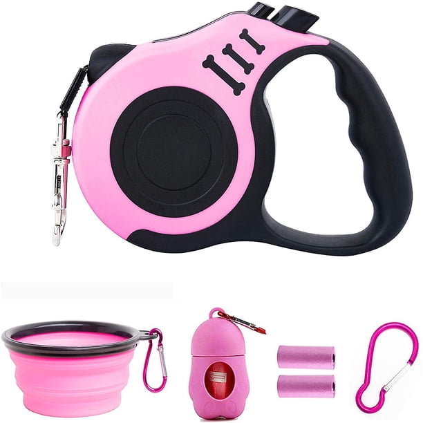 Petimp Correa retráctil para perros, correa portátil ligera de 16 pies, con cuenco plegable, dispensador, bolsas de basura, para perros pequeños y medianos
