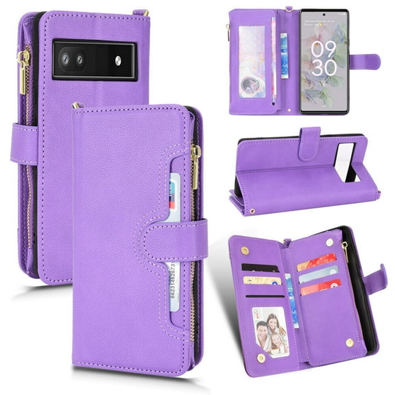 Case for Google Pixel 6A 5G Cover Zipper Magnetic Wallet Card Holder PU Leather Flip Case - Purple
