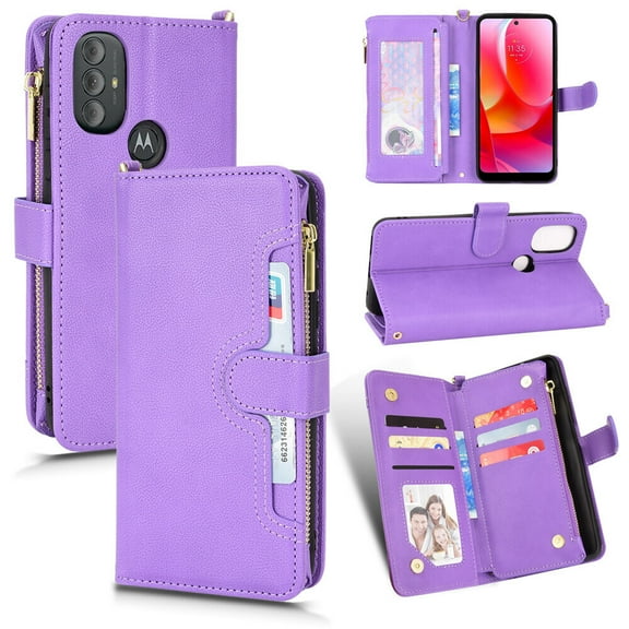 Case for Motorola Moto G POWER 2022 Cover Zipper Magnetic Wallet Card Holder PU Leather Flip Case - Purple