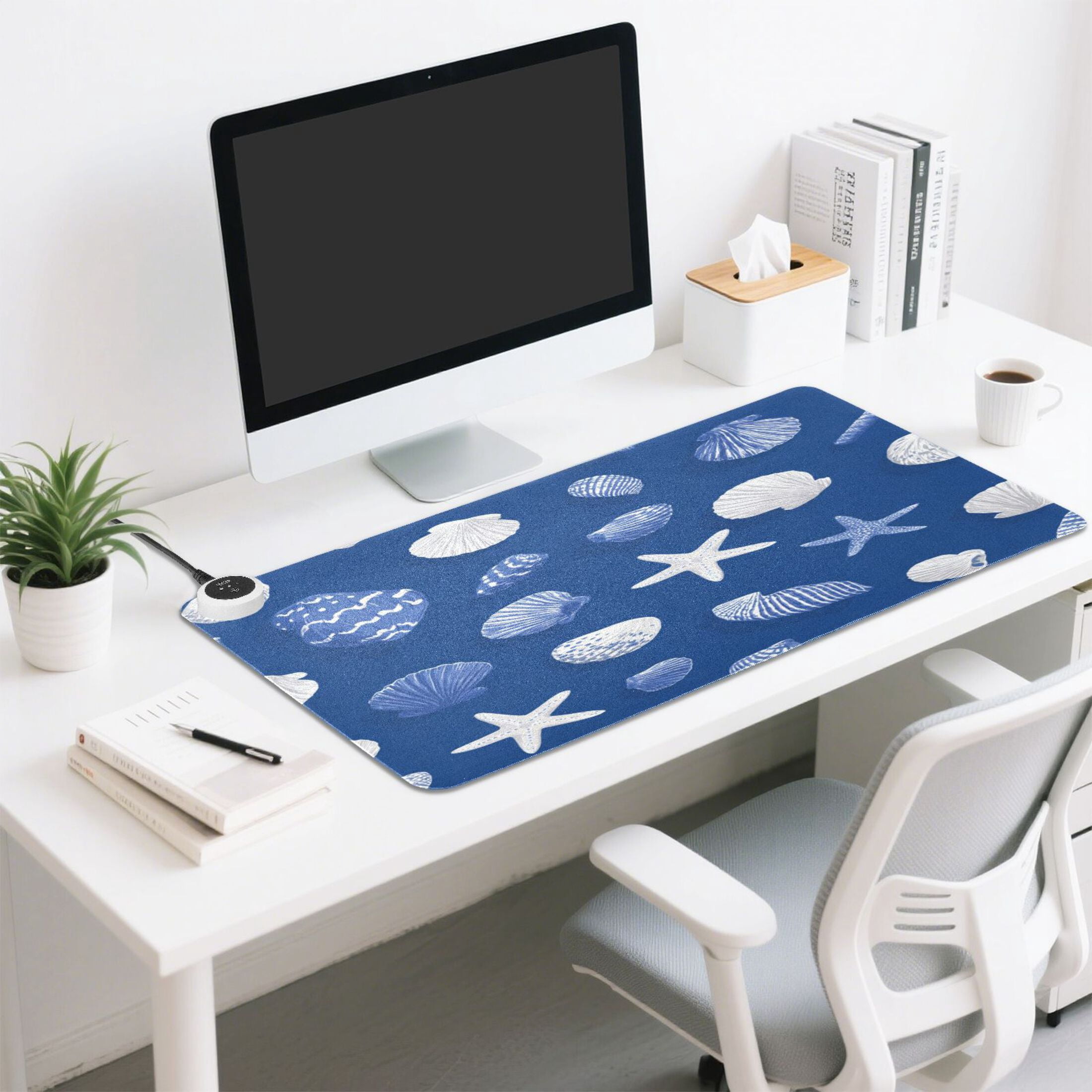 Large Heated Desk Mat Mouse Pad 31.5"x13"PU Leather Graphene Heating Desk Warmer with 3 Temperature Settings 110V US Plug Non-Slip Warm Pad for Home, Office, and Gaming Fresh Coastal Seashell Pattern