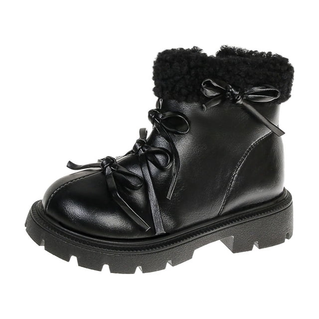 Girls Winter Boots Cute Bow & Lining Fashionable All-Match Short-Tube Boots Solid Color Bow Side Zipper Flat Ankle Boots for Cold Weather