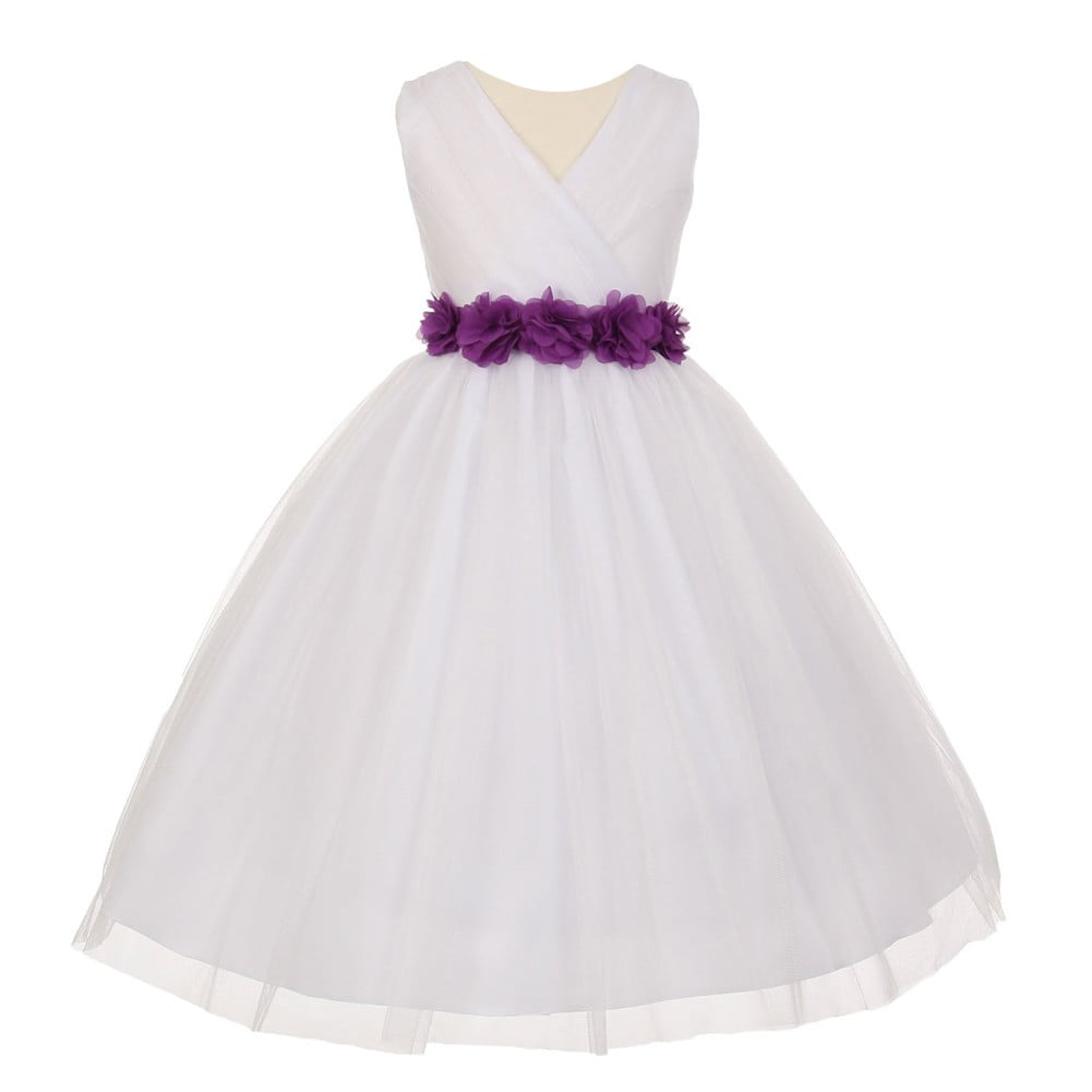 white and purple flower girl dress
