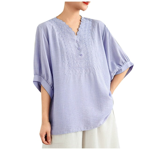 Camisas de Manga Corta para las Mujeres Blusas de Cuello Redondo con Botones Casuales, Camisa de Verano de Moda para Diarios Y Fiestas