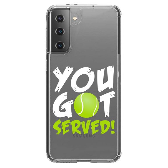 DistinctInk Clear Shockproof Hybrid Case for Galaxy S21 5G (6.2" Screen) - TPU Bumper Acrylic Back Tempered Glass Screen Protector - You Got Served Tennis