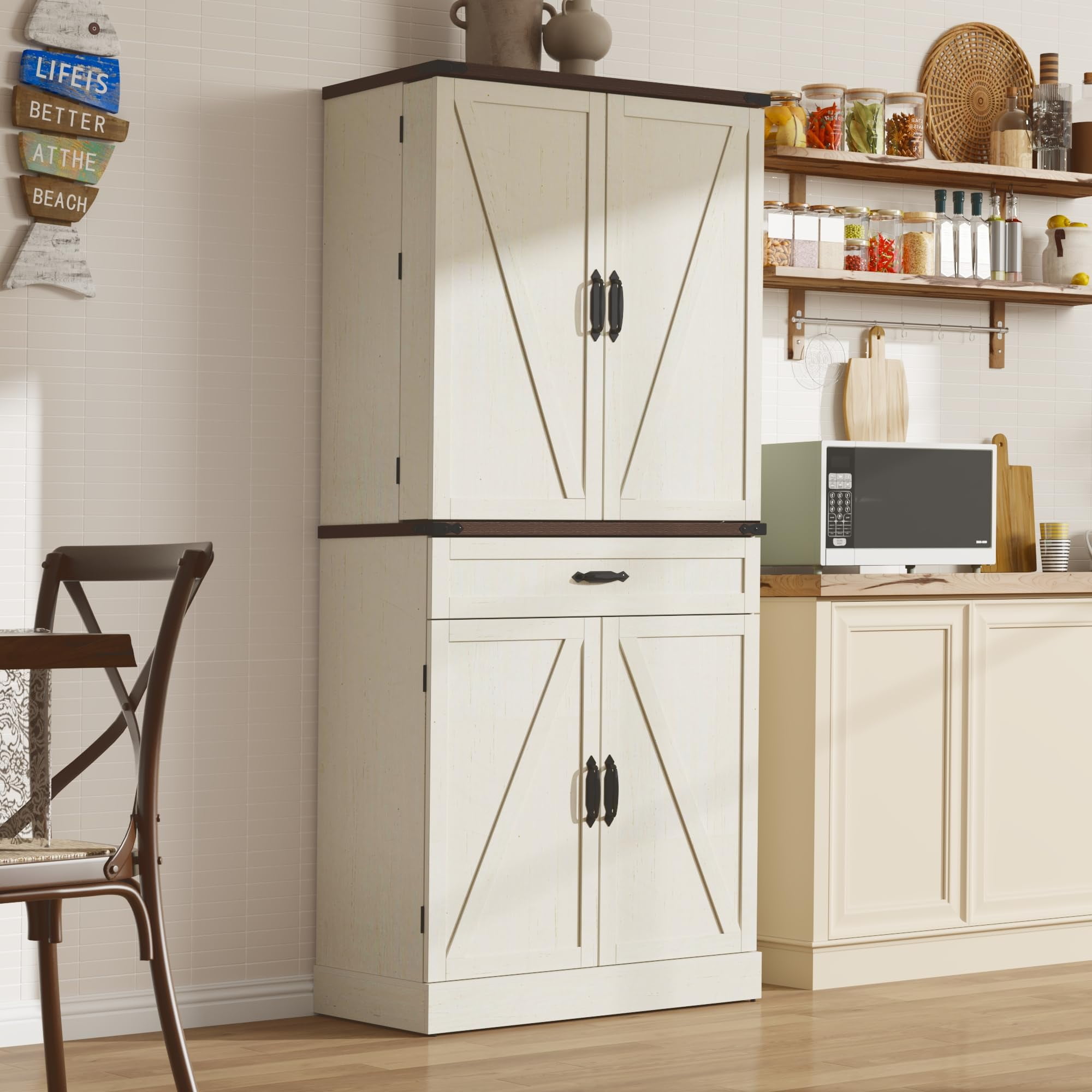71" Tall Farmhouse Kitchen Pantry Cabinet with 6 Side Shelves & 3 Storage Drawer, Multifunctional Pantry Organizer with Adjustable Shelves & Load-Bearing Steel Pipe for Kitchen,Living Room, White
