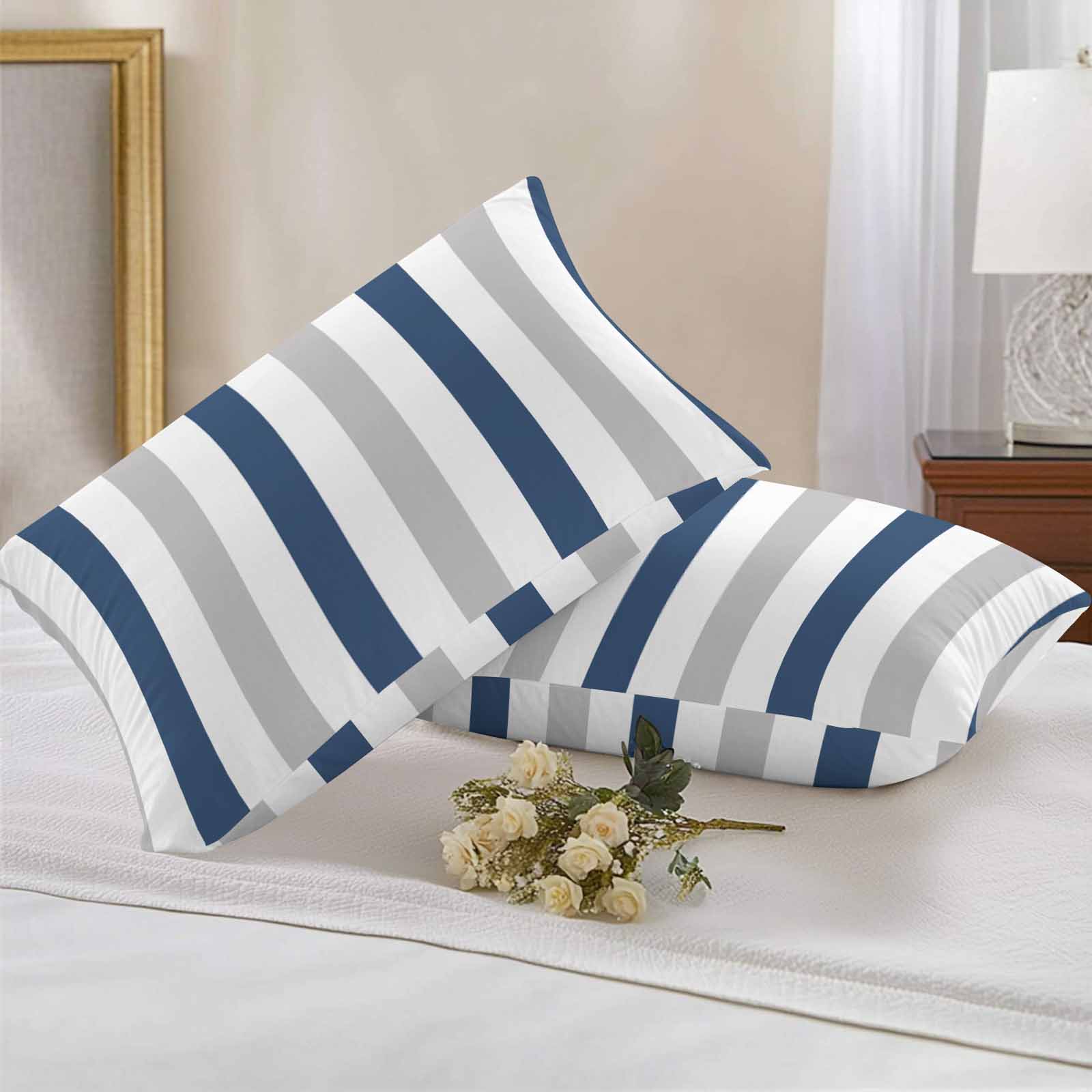 Outdoor Throw Pillows Covers 12X20 Set of 2 Waterproof Striped Decorative Zippered Cushion Covers for Patio Furniture, Navy Blue Gray White Lumbar Pillowcases