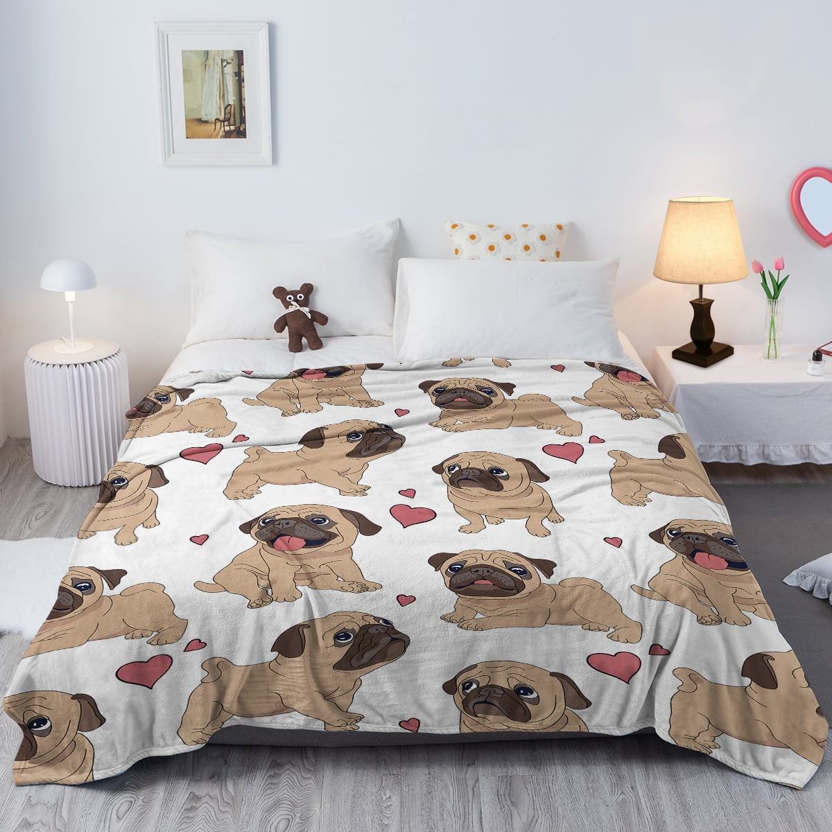 Halloween Cartoon Pug Flannel Blanket, Soft, Scenic, Lightweight, Suitable for Sofa, Office, Bed, Nature, Travel