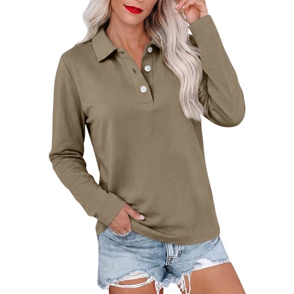 Long Sleeve Polo Shirts for Women Dressy Button Collared Golf Tops Loose Fit Business Workout Office T Shirts, 2XL