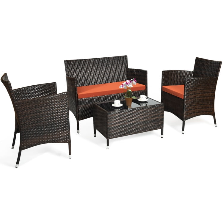 Aimee Lii 4 Pieces Patio Cushioned Wicker Conversation Set, Outdoor Sectional Set with with Glass Coffee Table, Orange Aimee Lii 4 Pieces Patio Cushioned Wicker Conversation Set, Outdoor Sectional Set with with Glass Coffee Table, Orange