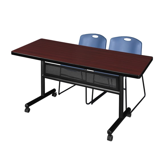 60" x 30" Flip Top Mobile Training Table with Modesty Panel- Mahogany and 2 Zeng Stack Chairs- Blue