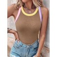 thumbnail image 5 of Women's Round Neck Color Block Bra Lined Tank Top Khaki S, 5 of 8
