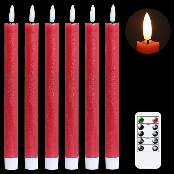 Flameless Red Taper Candles Flickering with 10-Key Remote, Battery Operated Led Warm 3D Wick Light Window Candles Pack of 6, Halloween Christmas Home Wedding Decorations