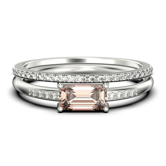 Beautiful Minimalist 1.45 Carat Emerald Cut Morganite And Diamond Moissanite Engagement Ring, Wedding Ring, One Matching Band in Silver With 18k White Gold Plating, Gift For Her, Promise Ring